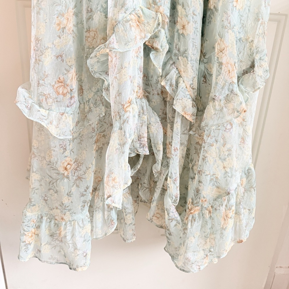 By the River Floral Maxi Dress Medium Blue Ruffle Boho Chiffon Lined Cottagecore - Picture 7 of 11